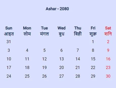 nepali calendar 2080 ashar